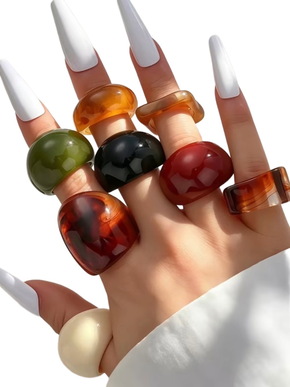 8-Piece Polychrome Resin Statement Ring Lot Retro Tortoiseshell Stackable NWOT